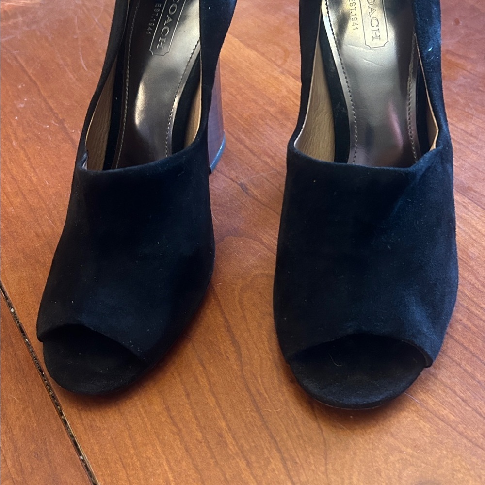 COACH Roslyn Black Peep Toe Suede Heels Size 7 - Picture 2 of 7